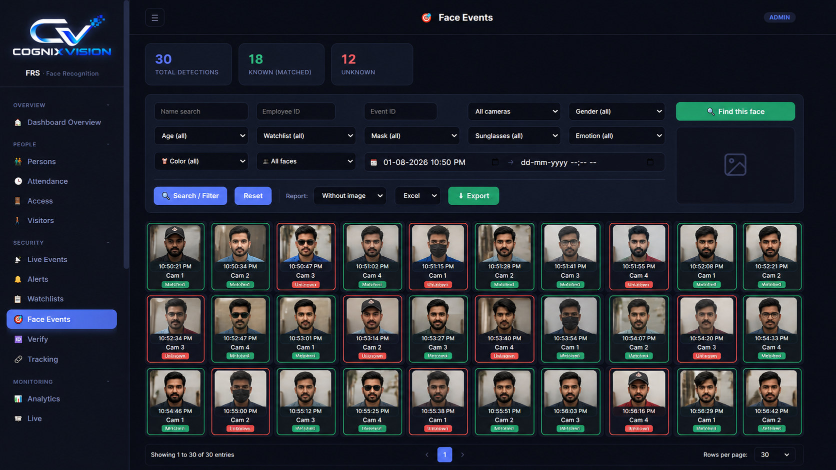 FRS face events search screen with filters for age, gender, mask, sunglasses, emotion and watchlist