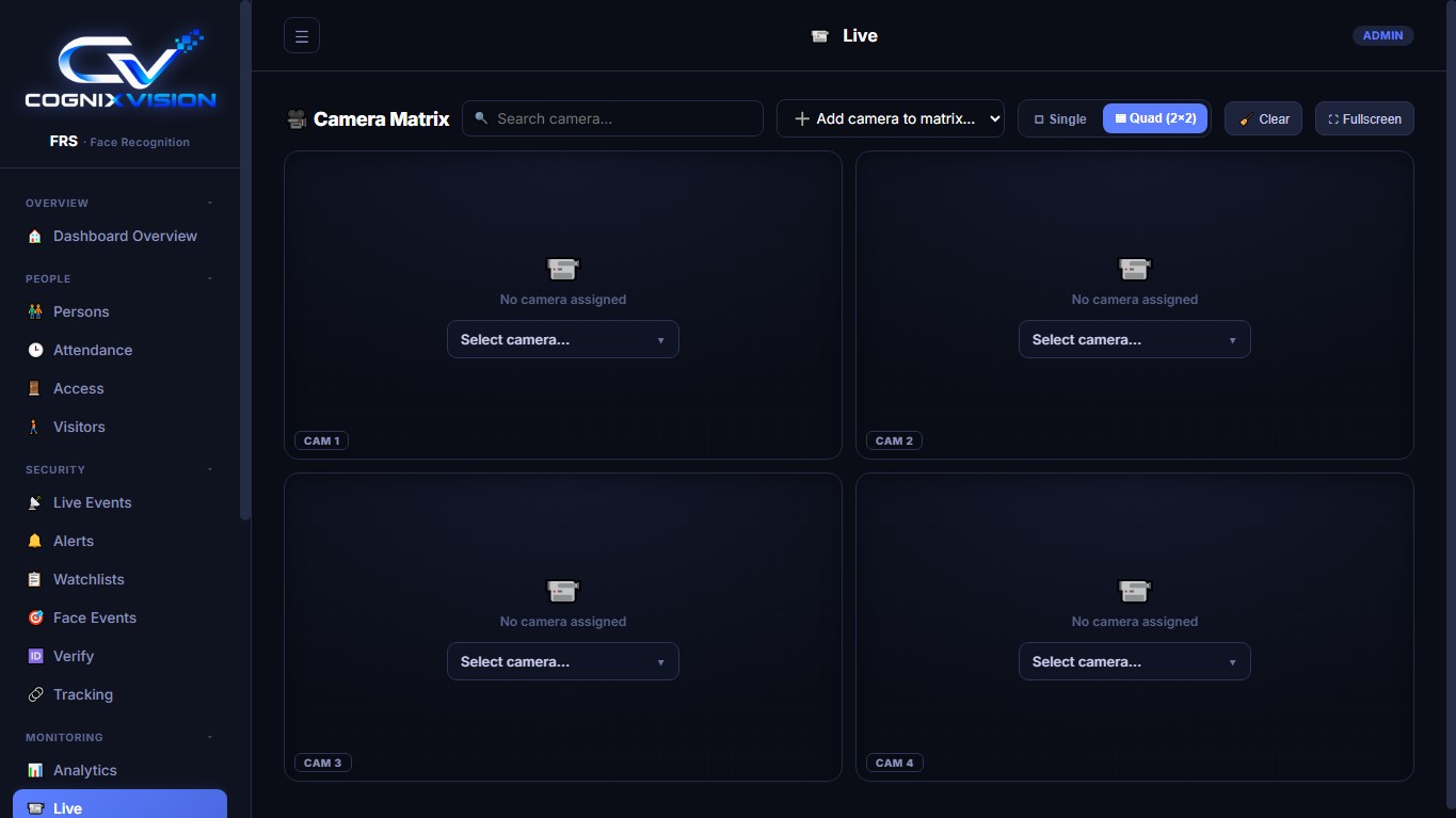 FRS live camera matrix in a 2x2 layout with camera selectors