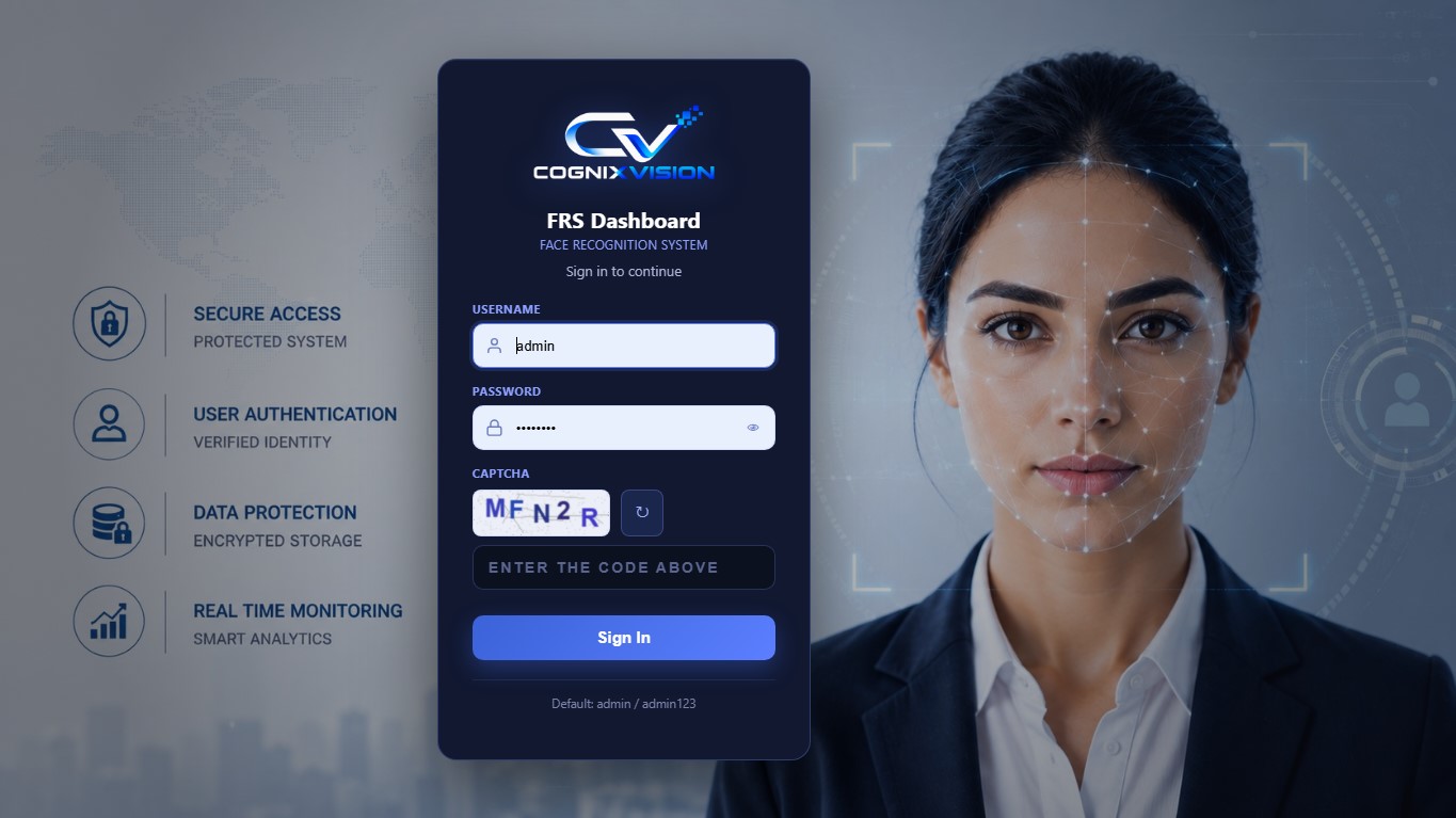 FRS sign-in screen with username, password and an image captcha