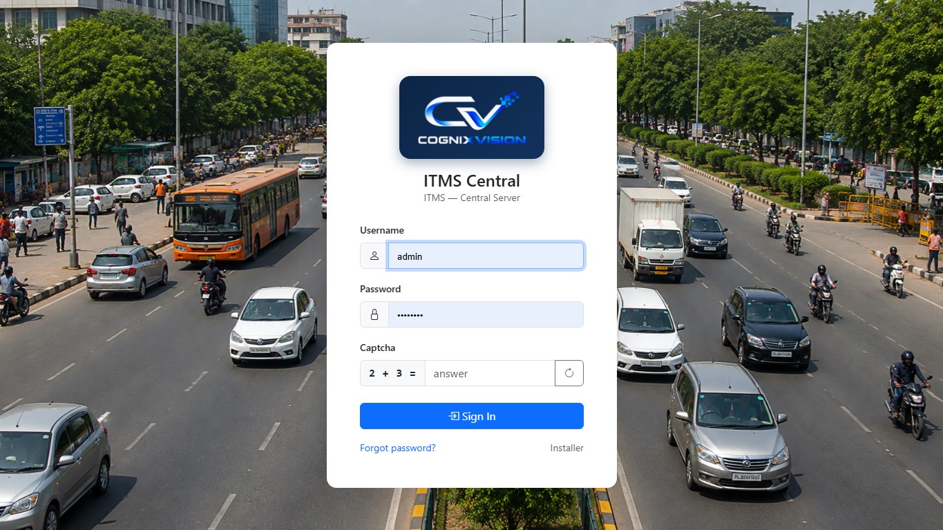 ITMS Central sign-in screen with username, password and captcha