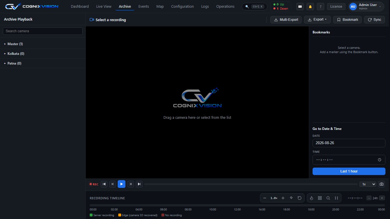 Archive playback screen with recording timeline, bookmarks panel and go-to date and time controls