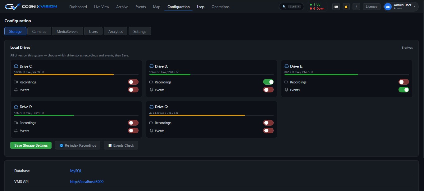 Configuration screen showing local drives with free space and per-drive recording and event toggles