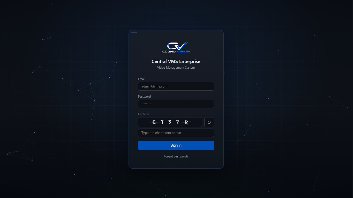 Central VMS sign-in screen with username, password and captcha