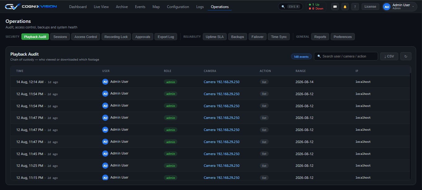 Operations screen showing a playback audit log of who viewed or downloaded which footage