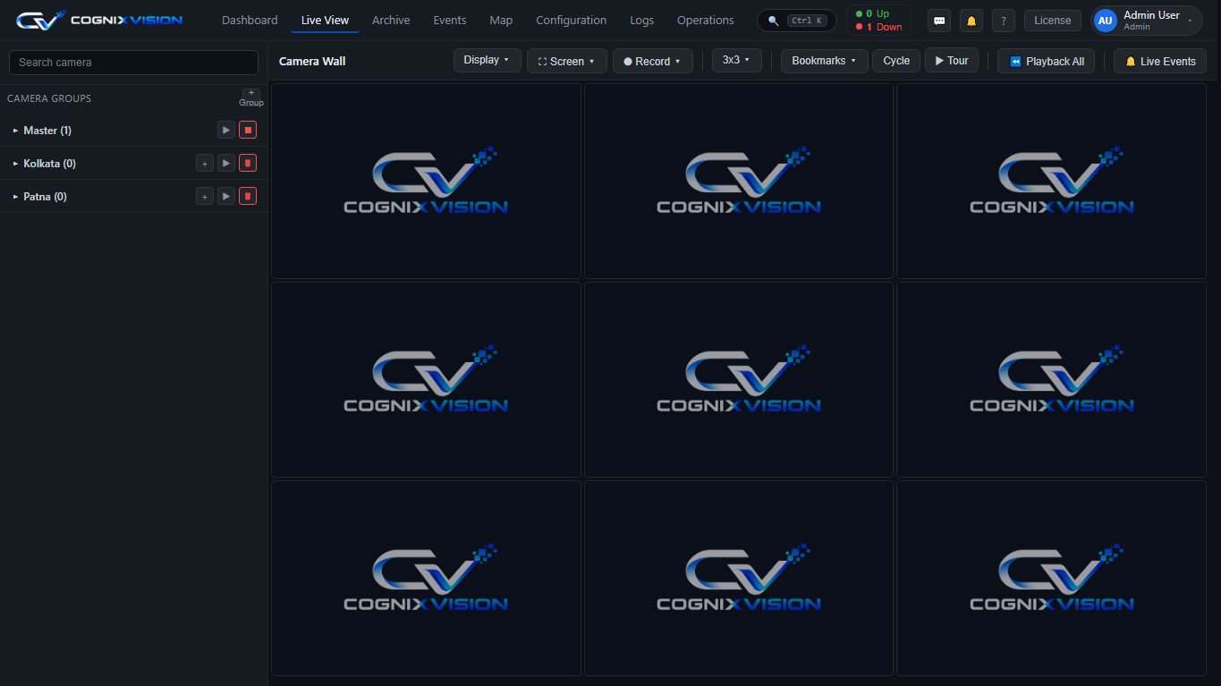 Cognix Vision VMS live view with a 2x2 camera wall, camera groups sidebar and recording controls